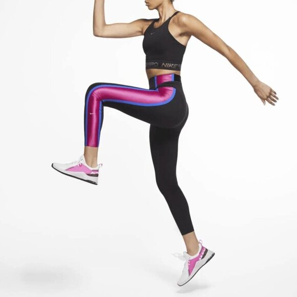 Nike BTQ Layered Tights Black 7/8 High Waisted Dri-Fit Retro 80s Aerobics - Picture 1 of 16